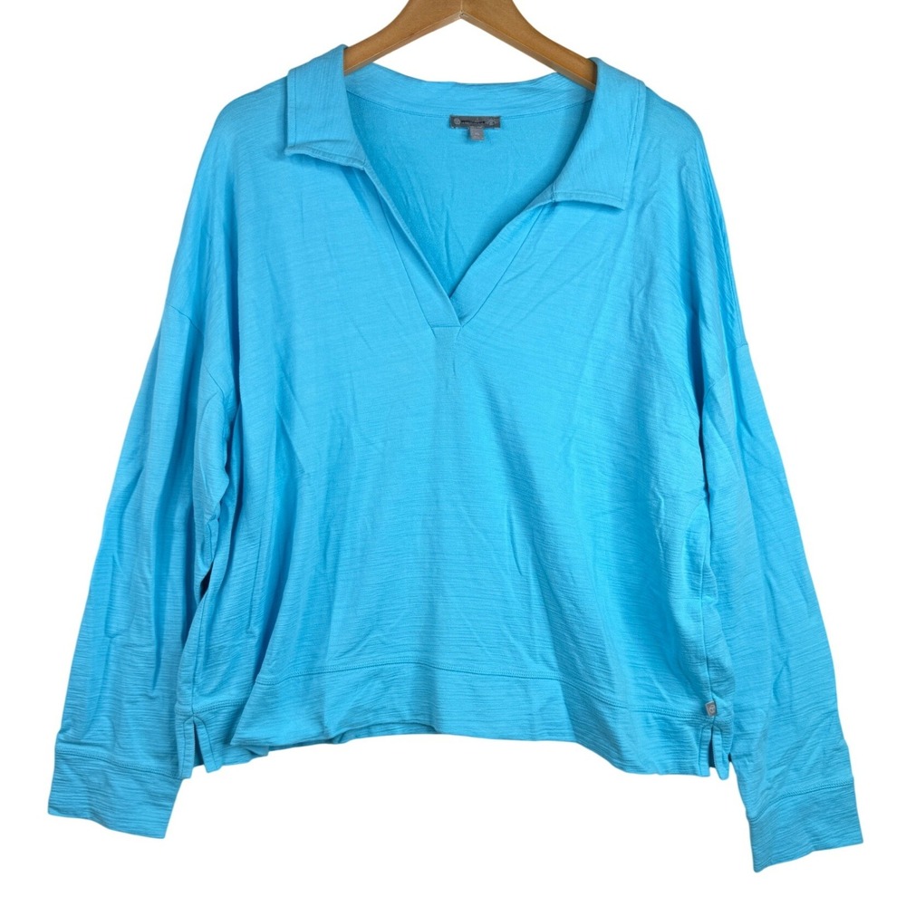 T by Talbots Split V-neck Polo SPF 50 Long Sleeve Shirt size XL Blue